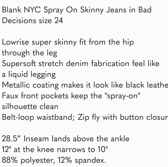 Blank NYC Spray On Skinny Jeans size 24 - Picture 5 of 5
